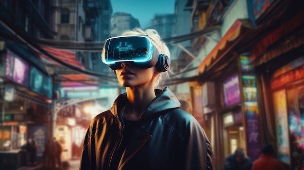 Mujer con gafas vr en ciudad futurista