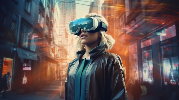 Foto gratuita mujer con gafas vr en ciudad futurista