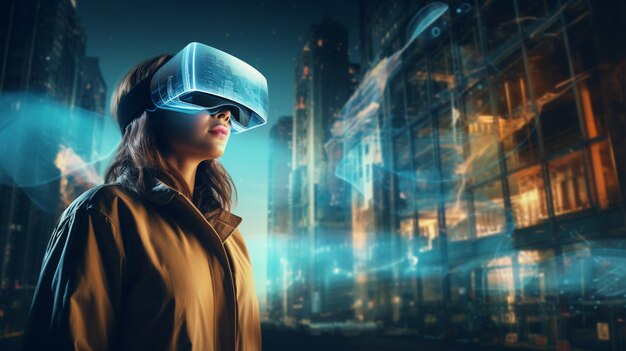 Mujer con gafas vr en ciudad futurista