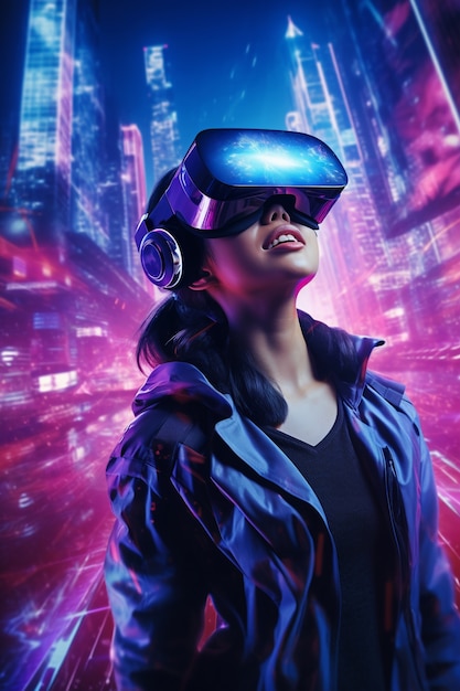 Mujer con gafas vr en ciudad futurista