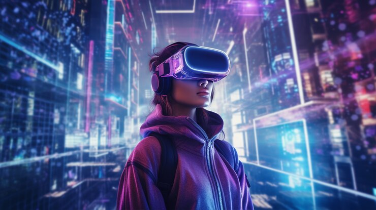 Foto gratuito mujer con gafas vr en una ciudad futurista