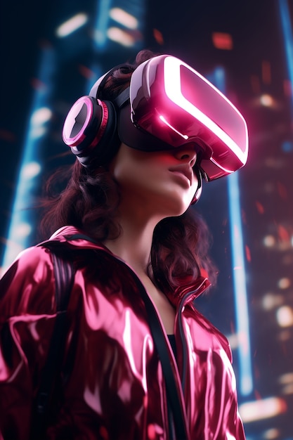 Mujer con gafas vr en ciudad futurista