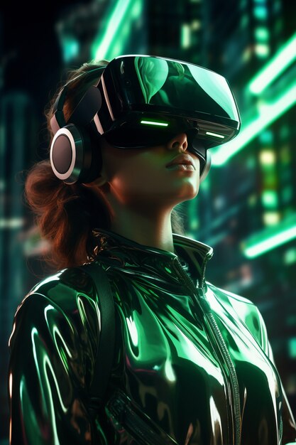 Mujer con gafas vr en ciudad futurista