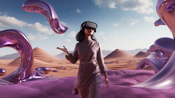 Foto gratuito mujer con gafas vr experimentando metaverso