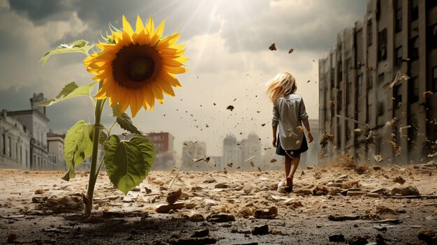 Una mujer con girasoles.