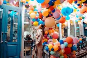 Foto gratuita mujer con globos de colores