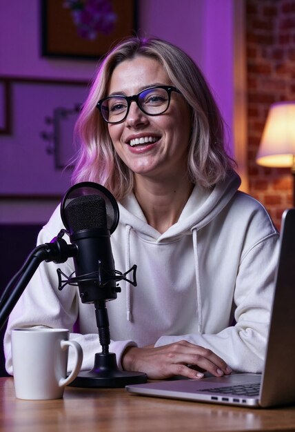 Mujer haciendo podcast en casa