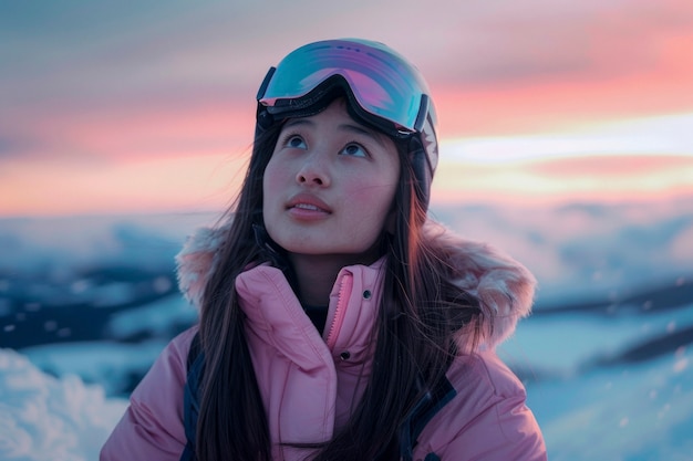 Foto gratuita mujer haciendo snowboard en invierno con paisajes de ensueño y tonos pastel