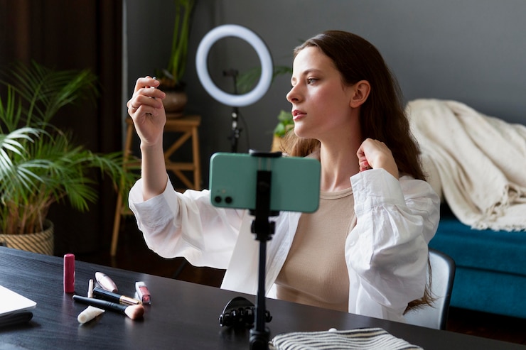 Foto gratuito mujer haciendo un vlog de maquillaje con su teléfono inteligente