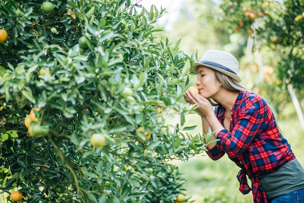 mujer havesting plantación de naranja