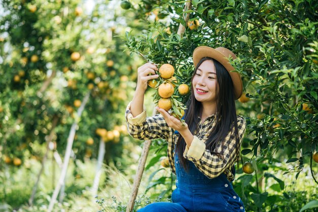 mujer havesting plantación de naranja