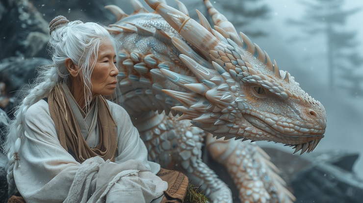 Foto gratuito mujer hermosa con escena de fantasía de dragón
