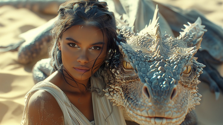 Foto gratuito mujer hermosa con escena de fantasía de dragón