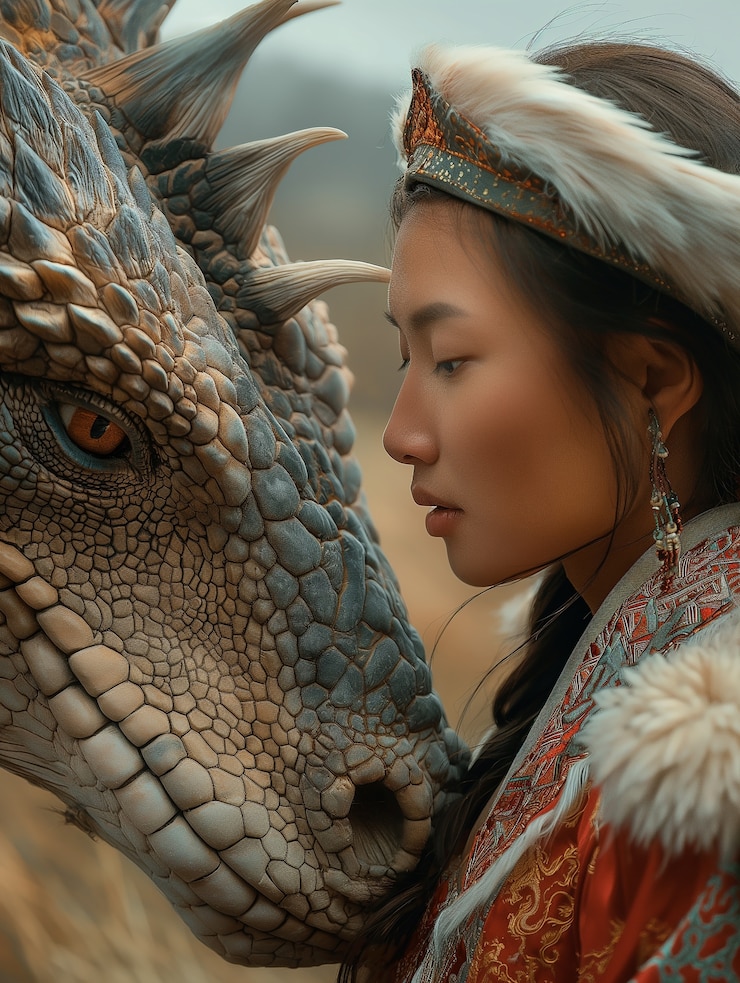 Foto gratuito mujer hermosa con escena de fantasía de dragón
