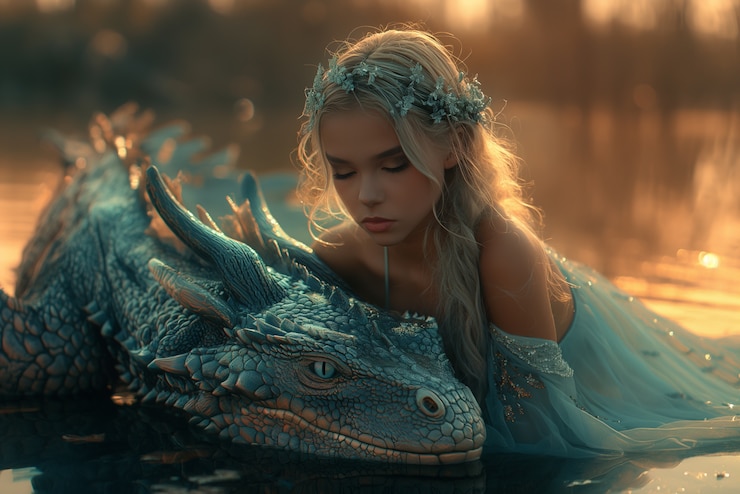 Foto gratuito mujer hermosa con escena de fantasía de dragón