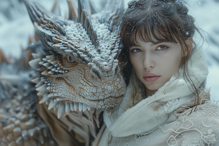 Foto gratuito mujer hermosa con escena de fantasía de dragón
