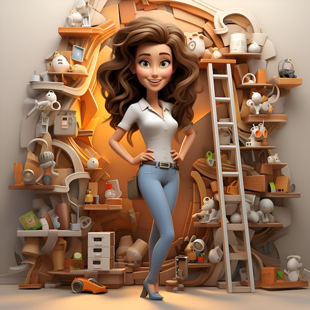 Mujer hermosa en una habitación llena de juguetes renderización 3D