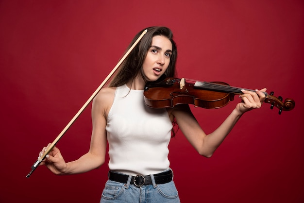 Mujer hermosa joven posando con un violín