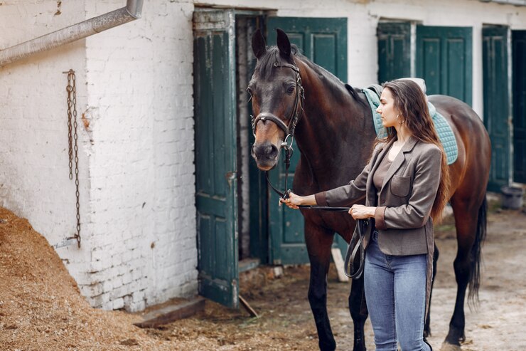 Foto gratuito una mujer hermosa pasa tiempo con un caballo.