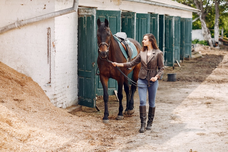 Foto gratuito una mujer hermosa pasa tiempo con un caballo.