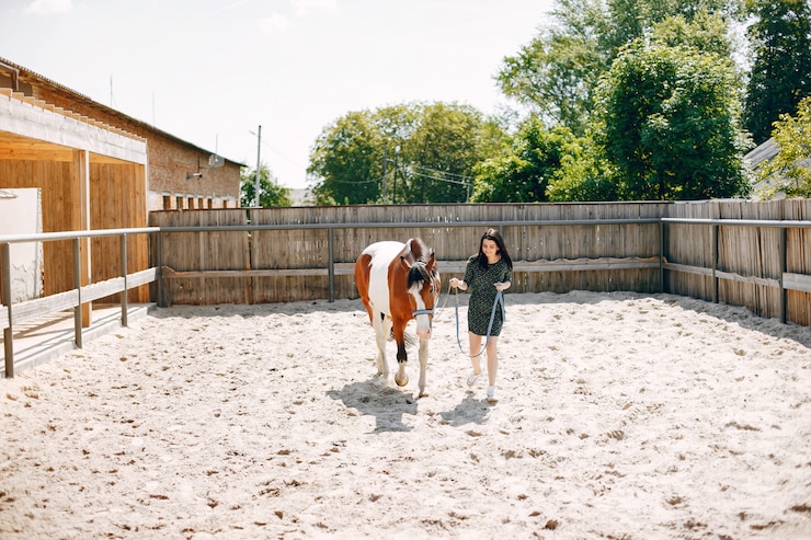 Foto gratuito mujer hermosa de pie con un caballo