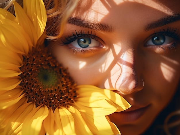 Foto gratuita mujer hermosa posando con girasol