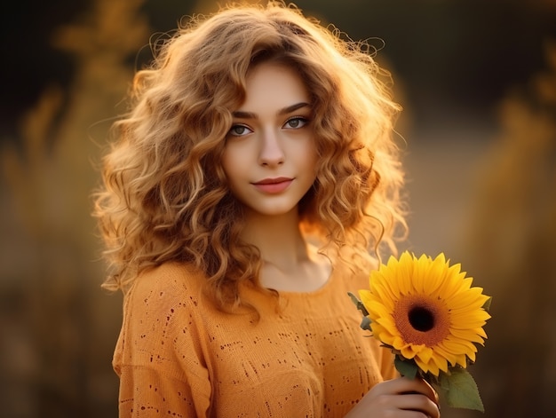 Mujer hermosa posando con girasol