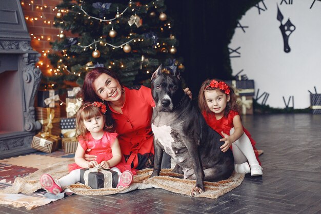 Mujer hermosa en un vestido rojo. Familia en casa. Madre con hija. Personas con perro.