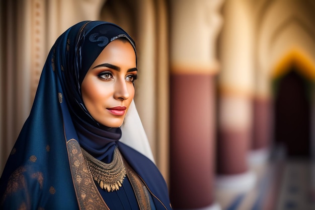 Foto gratuita una mujer con un hiyab azul se encuentra en una fila de columnas.