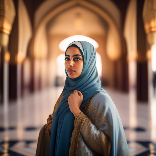 Una mujer con un hiyab azul se encuentra en una mezquita.