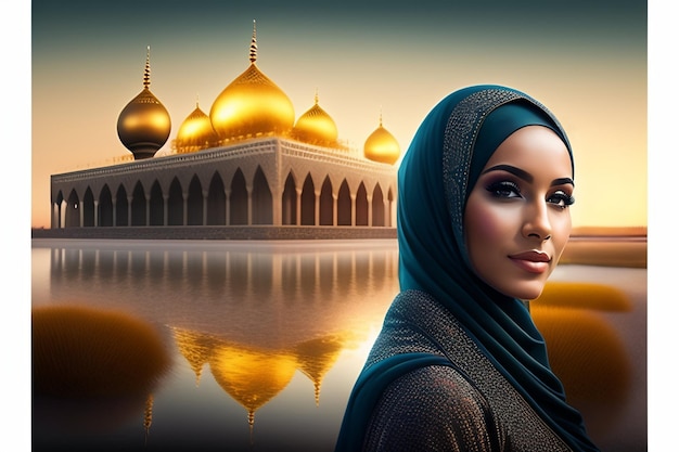Una mujer con un hiyab azul se para frente a una mezquita.