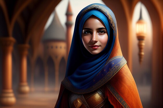 Foto gratuita una mujer con un hiyab azul y un pañuelo rojo