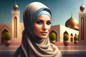 Foto gratuita una mujer con hiyab se para frente a una mezquita.