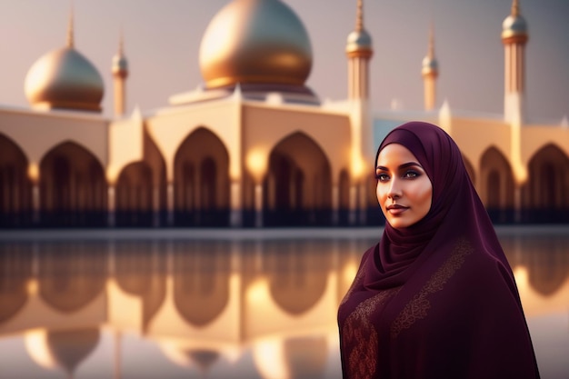 Foto gratuita una mujer con un hiyab granate se para frente a una mezquita