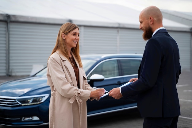 Foto gratuita mujer independiente financiera comprando auto nuevo