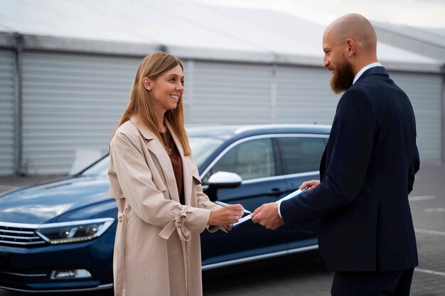 Mujer independiente financiera comprando auto nuevo