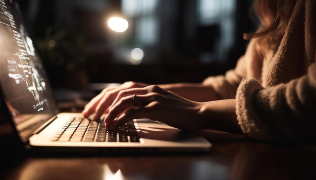 Mujer interior escribiendo correo electrónico navegando por la red generada por AI