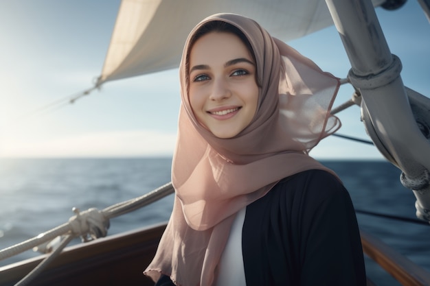 Foto gratuita mujer islámica de mediano calibre en un barco