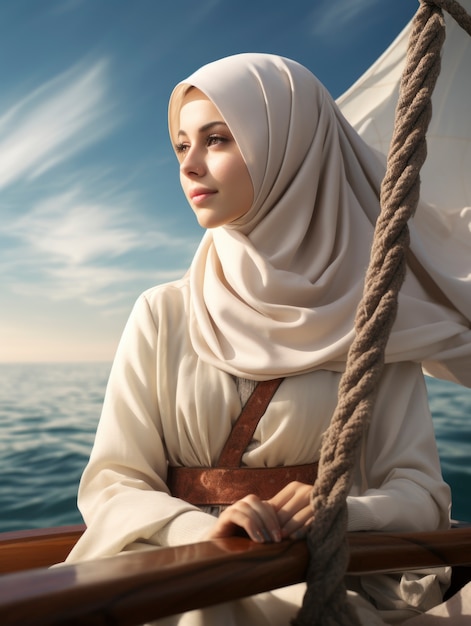 Mujer islámica de mediano calibre en un barco