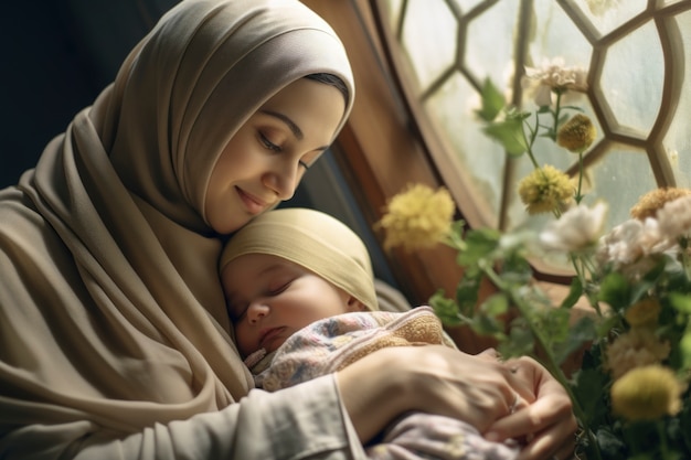 Foto gratuita mujer islámica de mediano calibre con un bebé