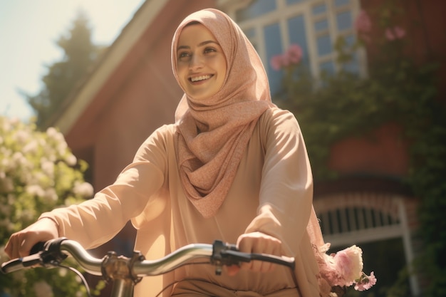 Foto gratuita mujer islámica de mediano calibre en bicicleta