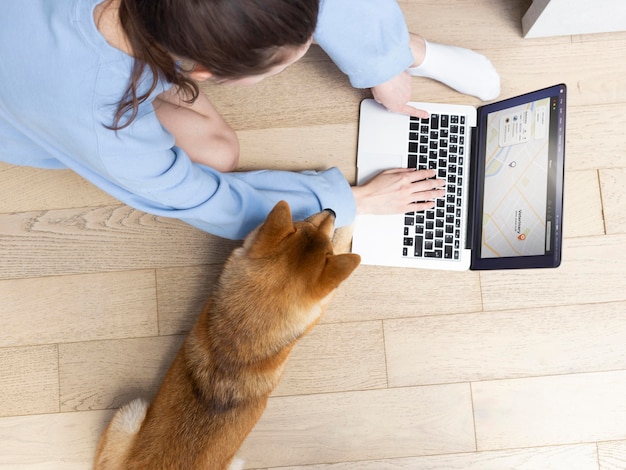 Mujer joven de alto ángulo trabajando en su computadora portátil junto a su perro