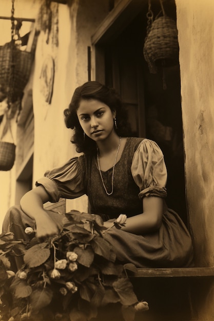 Foto gratuita mujer joven con ángulo bajo posando retrato vintage