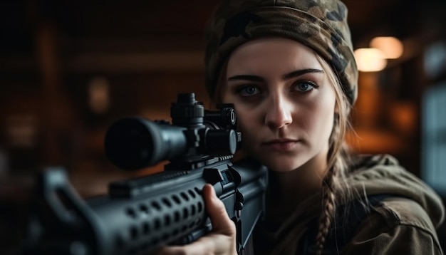 Una mujer joven apuntando con un rifle al aire libre con determinación generada por IA