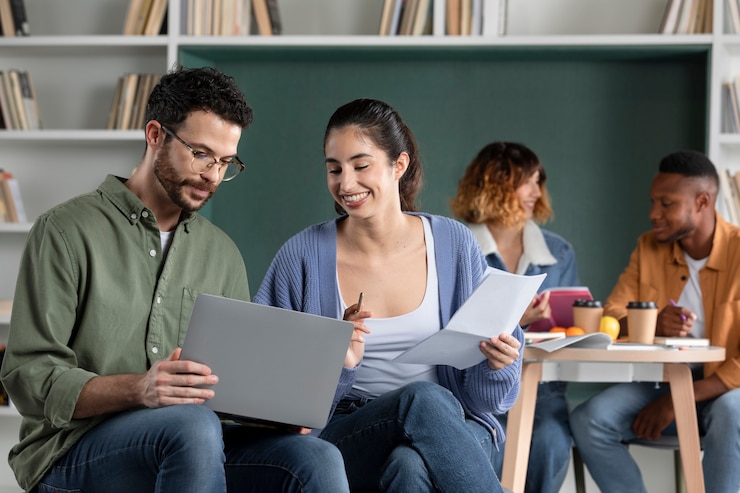 Foto gratuito mujer joven ayudando a su amiga durante la sesión de estudio