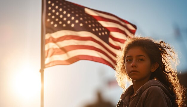 Mujer joven con bandera estadounidense sonriendo al atardecer generada por la IA