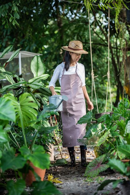 Mujer joven y bonita regar el árbol en el jardín en un día soleado de verano. mujer jardinería exterior en la naturaleza de verano. concepto de agricultura, jardinería, agricultura y personas.