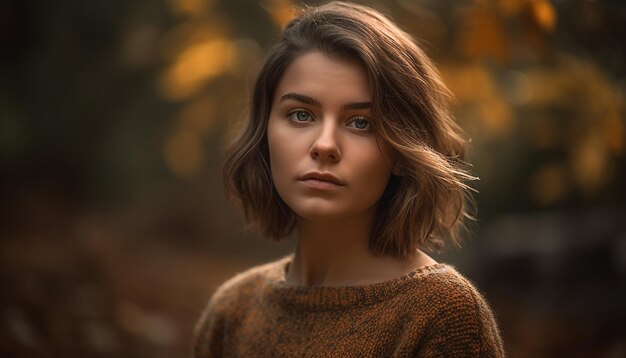 Mujer joven en el bosque de otoño segura y hermosa generada por IA