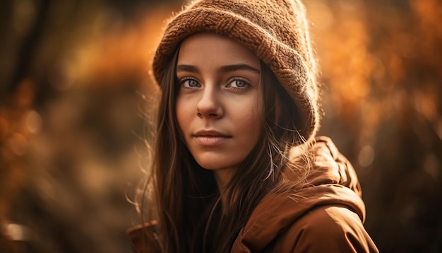 Mujer joven en el bosque de otoño sonriendo felizmente generada por IA