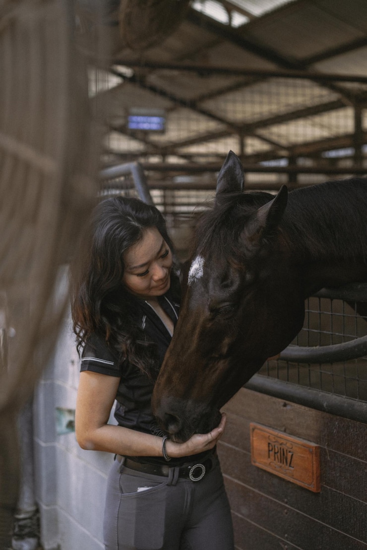 Foto gratuito una mujer joven y un caballo, sentimientos, cuidados, cariño, ternura, una mujer abraza y besa a un caballo. cerca de una joven feliz abrazando a su caballo.